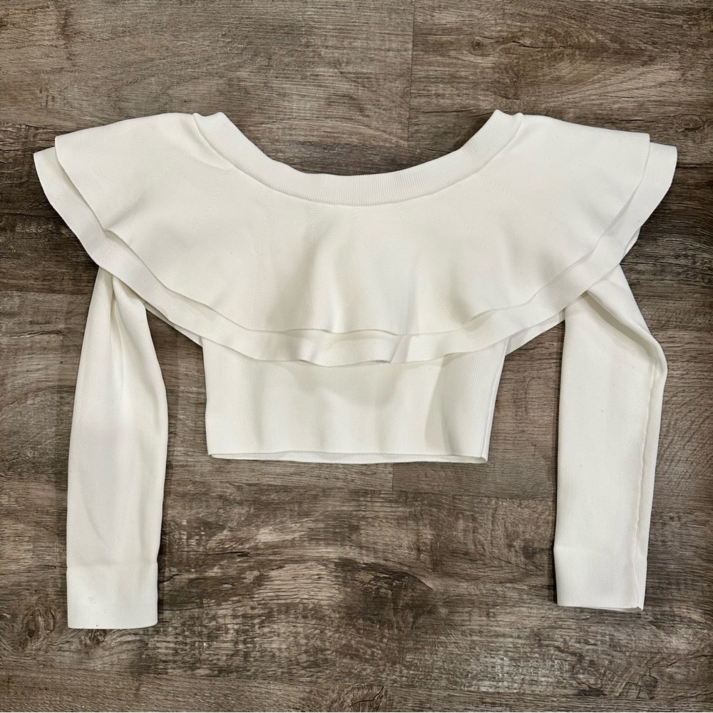 Endless Rose White‎ Off the Shoulder Ruffle Crop Top